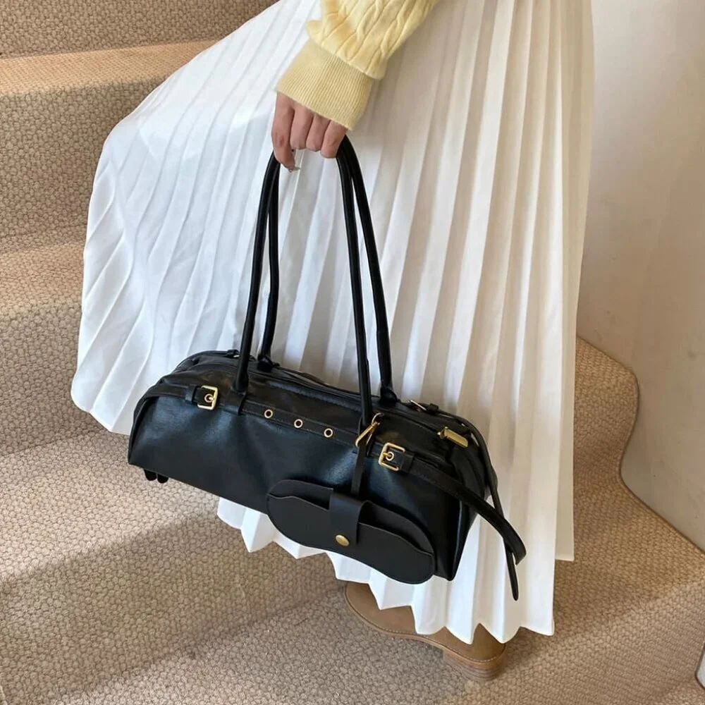 Wome'ns Black PU Leather Tote Bag Casual Bowling Bag Purse Retro Underarm